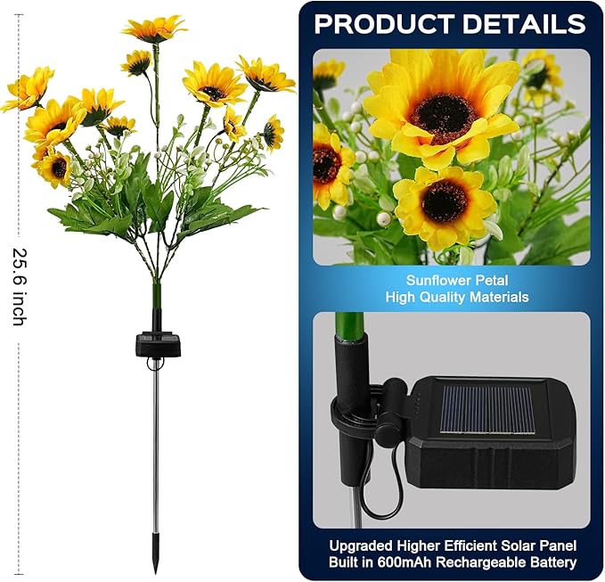 2 Pack Solar Garden Lights Outdoor, Colorful LED Waterproof Solar Powered Sunflowers Landscape Lights for Outside Yard, Patio, Pathway Decorative, Décor, Gifts, Two Lighting Modes