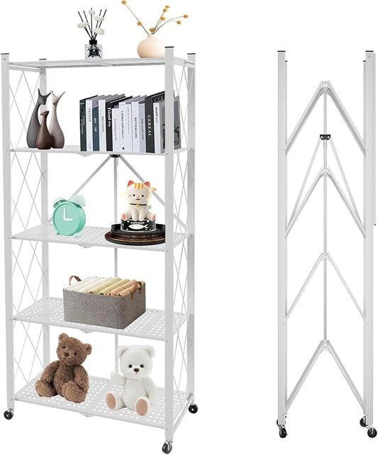 5 Tier Folding Shelf with Wheels,Metal Steel Collapsible Shelves,No Assembly Portable Shelves Organizer Rack,Rolling Standing Utility Rack for Kitchen, Pantry, Office, White
