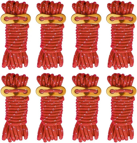 8 Pack High-Reflective Guy Lines 4mm Tent Cords High-Strength Lightweight Camp Ropes with Aluminum Adjuster Tensioner for Tent, Tying Down Tarps, Camping, Outdoor Packaging (Red, 13ft)