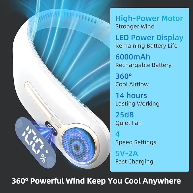 Portable Neck Fan,Gift Ideas,Personal Wearable Bladeless Fan,360° Cooling,LED Display,4-Speeds,6000mAh Rechargeable,Powerful Wind,Outdoor Travel Camping,Birthday Gifts for Men Women Dad Mom (White)