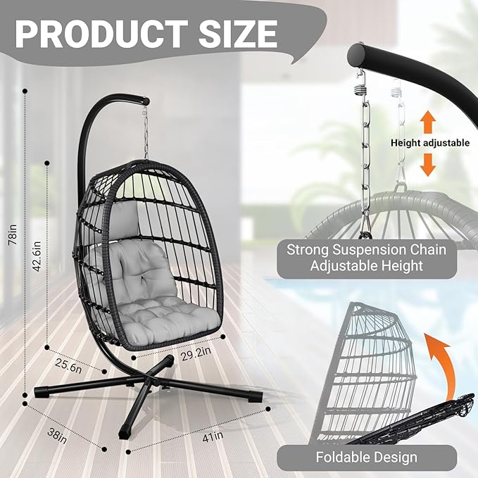 LEVELEVE Egg Chair with Stand,Patio Rattan Wicker Hanging Swing Egg Chair Hammock Chair for Bedroom Porch Garden,Thickened Aluminum Alloy Steel Frame and UV Resistant Cushion,350LBS Capacity