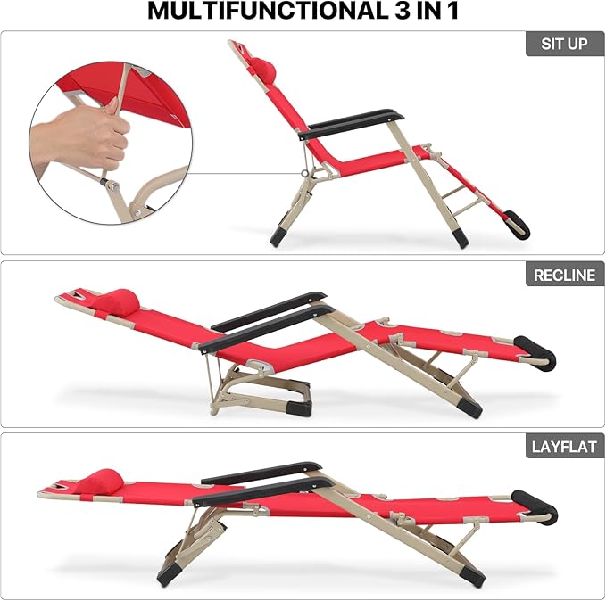 MoNiBloom Set of 2 Folding Reclining Patio Chairs, 3-Position Patio Lounger Folding Chairs with Footrest for Backyard Poolside Lawn, Red, 330lbs Capacity