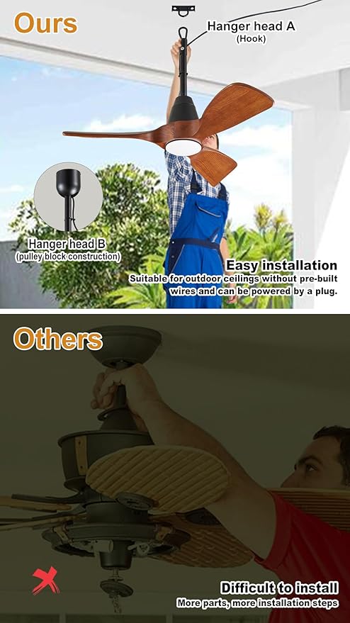 3 Blades Wood Outdoor Ceiling Fan with Light for Patios, Farmhouse Rustic Ceiling Fans with Lights, 34" Plug-in Wet Rated Outdoor Gazebo Fan with Light for Exterior House Porch Patio, Waterproof,F248