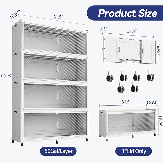200GAL Extra Large Stackable Storage Bins with Lid, 800QT Plastic Closet Organizer and Storage Cabinet with Wheels and Doors, Folding Storage Box Container for Home Organization, 4Pack White