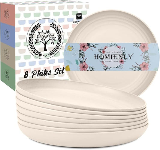 Homienly Wheat Straw Dinner Plates Set of 8, Unbreakable, Dishwasher & Microwave Safe, Modern Style, 9 inch, Beige