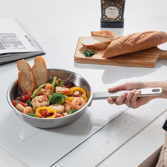 8.6-Inch 316 Stainless Steel Frying Pan, 5-Ply Stainless Steel Saute pan, Deep Skillet, Induction Compatible, Dishwasher & Oven Safe