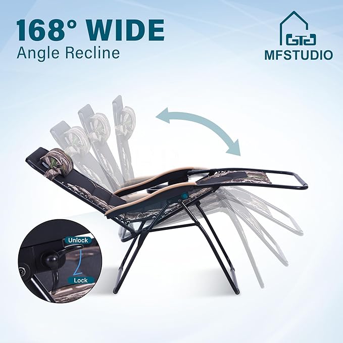 MFSTUDIO Zero Gravity Chairs Set of 2, XL Oversized Outdoor Anti Gravity Chair, Patio Lounge Folding Adjustable Chair with Cup Holder & Padded Headrest, Support 400lbs,Camouflage