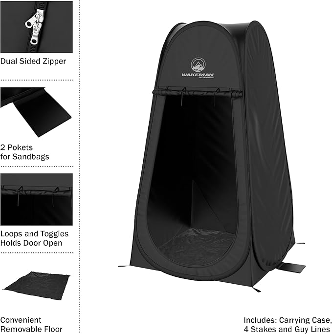 Pop Up Pod - Privacy Shower Tent, Dressing Room, or Portable Toilet Stall with Carry Bag for Camping, Beach, or Tailgate by Wakeman Outdoors (Black)
