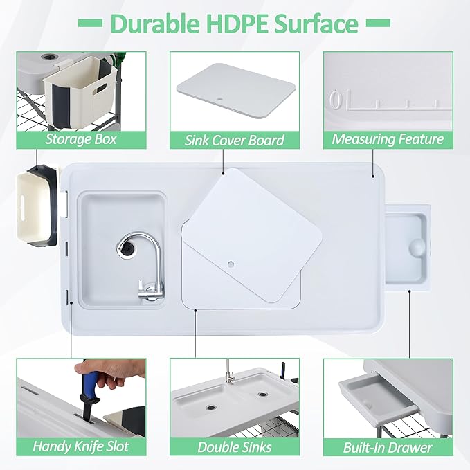 AHB 42'' Outdoor Fish Cleaning Table Portable Camping Sink Station with Double Sinks, Collapsible Swivel Faucet, Picnic Sink Table with 6pc Fish Cleaning Kit for Picnic Beach Patio