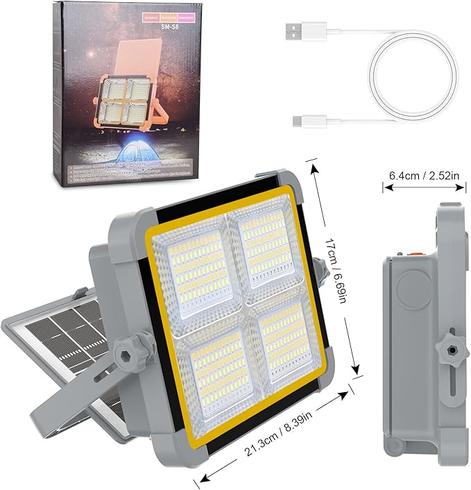 ERAY Rechargeable LED Work Light, Portable Worklight with Dual Solar Panels & 9000mAh Battery, Solar Camping Lights, 4 Lighting Modes Work Lights for Outdoor Emergency Building Car Repairing（Grey