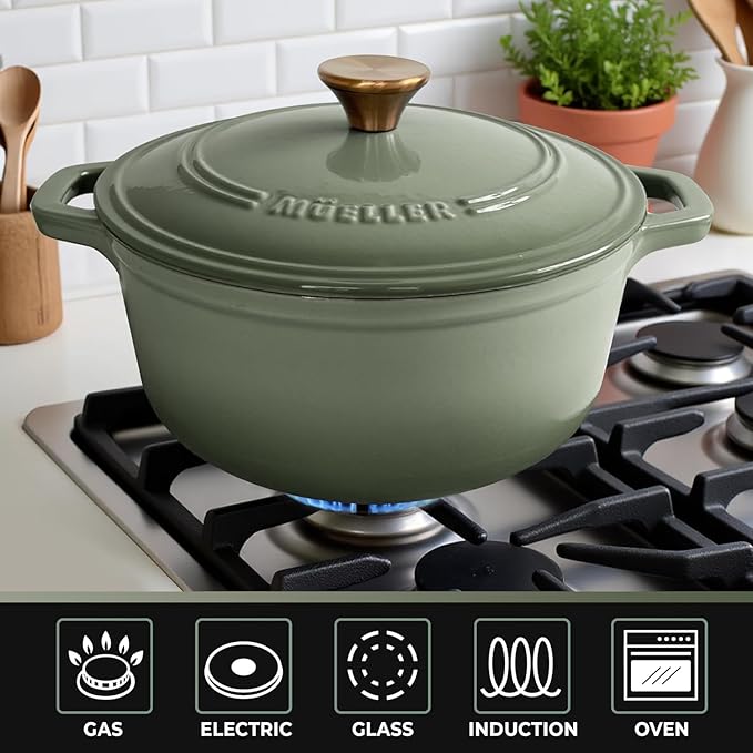 MÜELLERHOME 7.5 Quart Enameled Cast Iron Dutch Oven For Sourdough Bread Baking, Heavy-Duty, Oven-Safe up to 500° F & Across All Cooktops, Casserole Dishes, Green Kitchen Accessories, Thyme Green