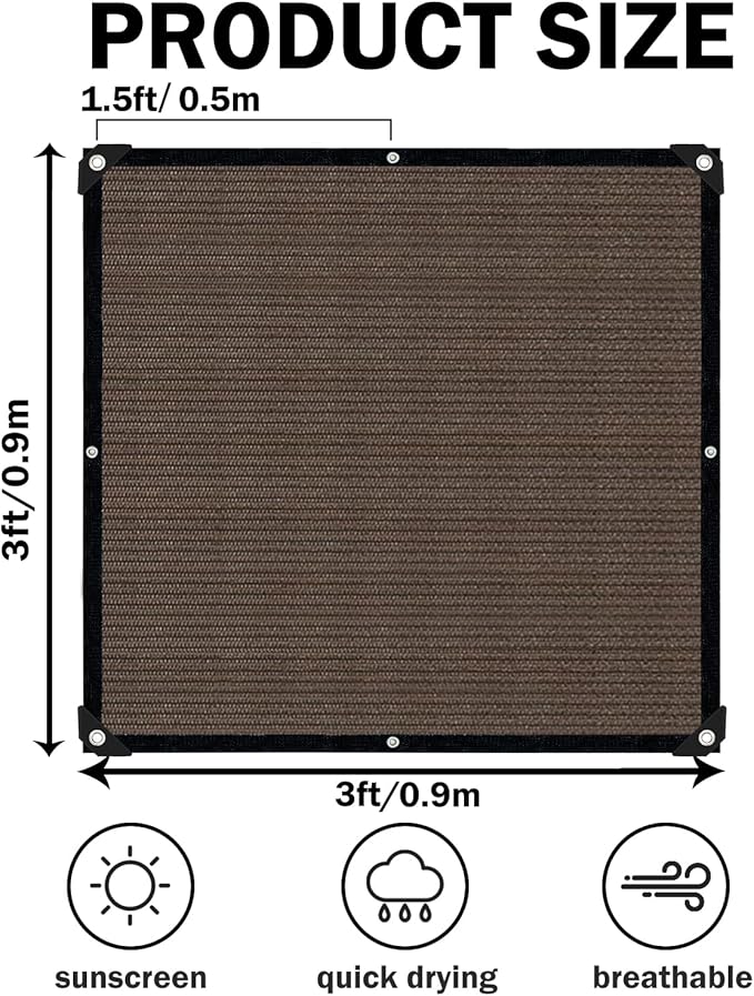 Sun Shade Cloth with Grommets,90% UV Protection Shade Fabric,Pergola Shade Cover Canopy Fence Privacy Screen Balcony,Brown Sunshades for Patio Pergola Garden Backyard Outdoor,Mocha-3x3FT