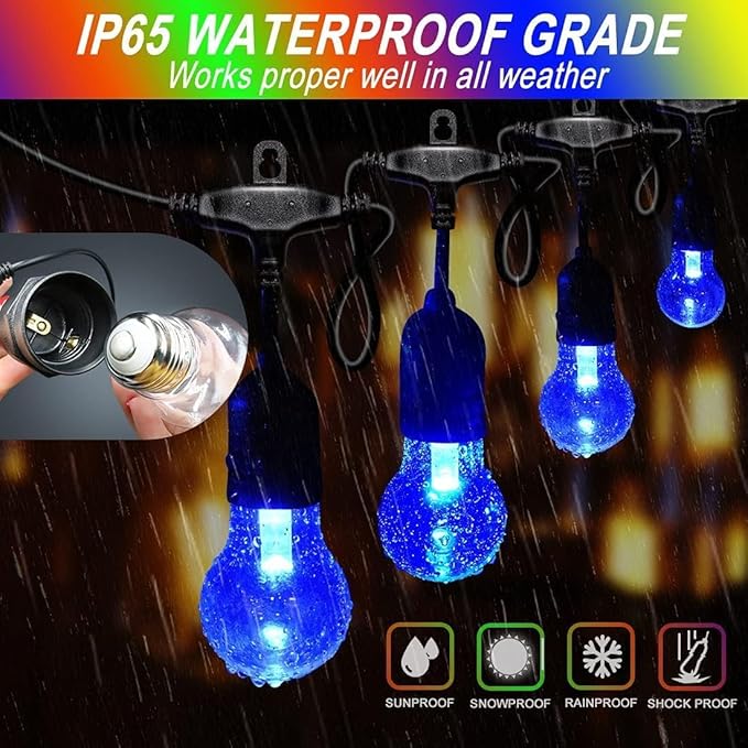 Auroraworld Outdoor String Lights RGB, 105FT LED Color Changing Patio Lights with Shatterproof Bulbs for Backyard
