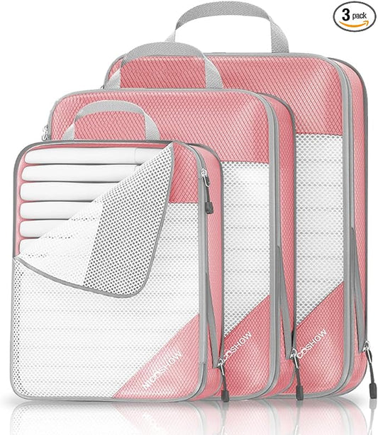 Compression Packing Cubes 3 Set, Compressible Space-Saving Packing Cubes for Travel - Compression Bags, Luggage Organizer, Travel Essentials for Women, Pink