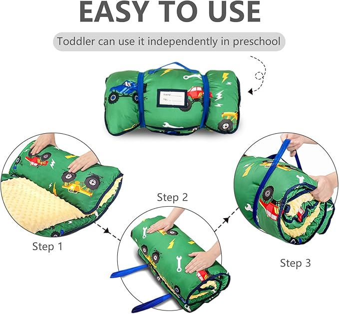 Primlect Toddler Nap Mat Extra Large Thickened 55''x35'', Soft Sleeping Bag with Detachable Minky Blanket and Pillow, Portable for Daycare, Preschool, Kindergarten, Travel, Boys and Girls