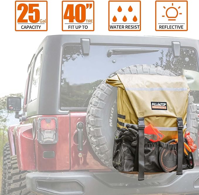 ALL-TOP Spare Tire Trash Bag, Heavy Duty Truck Tailgate Trash Bag, Cargo Storage Bag for Jeep, Truck, SUV or Car, Fit up to 40'' Tire (Gobi Tan)