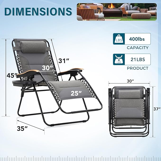 MFSTUDIO Zero Gravity Chairs Set of 2, XL Oversized Outdoor Anti Gravity Chair, Patio Lounge Folding Adjustable Chair with Cup Holder & Padded Headrest, Support 400lbs,Light Grey