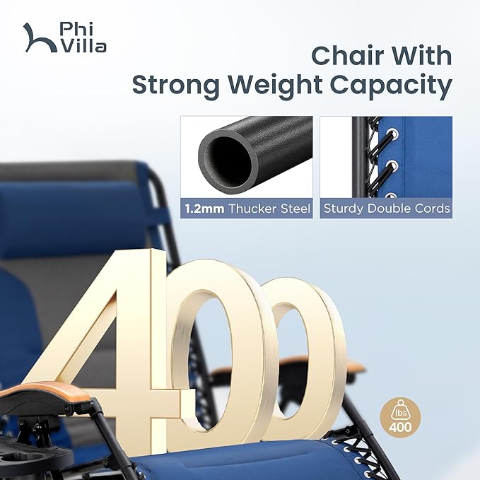 PHI VILLA XXL Oversized Padded Zero Gravity Chair, Foldable Patio Recliner, 30" Wide Seat Anti Gravity Lounger with Cup Holder, Support 400 LBS (Thumb Blue)