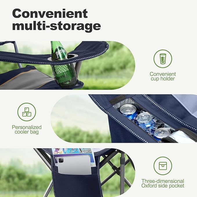 LET'S CAMP Folding Camping Chair Oversized Heavy Duty Padded Outdoor Chair with Cup Holder Storage and Cooler Bag, 450 LBS Weight Capacity, Thicken 600D Oxford