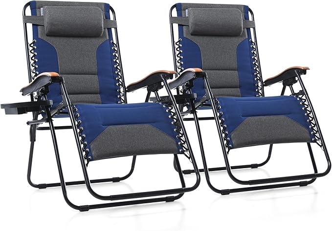 PHI VILLA XXL Oversized Padded Zero Gravity Chair, Foldable Patio Recliner, 30" Wide Seat Anti Gravity Lounger with Cup Holder, Set of 2, Support 400 LBS (Thumb Blue)