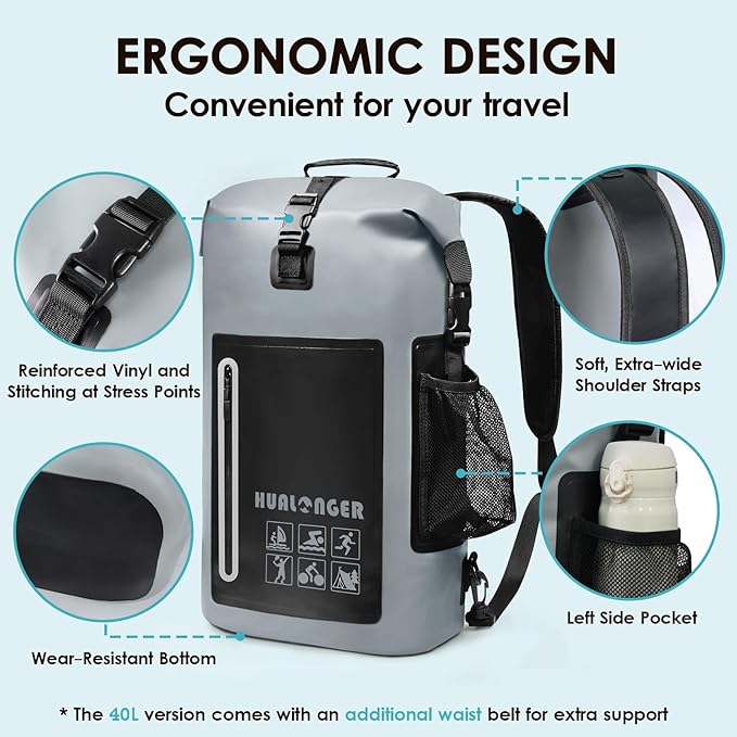 Dry Bag Backpack 20L/30L/40L- Roll Top Closure Bag - Heavy Duty Dry Bags Waterproof - Lightweight Durable Floating Dry Bag with IPX8 Waterproof Phone Case