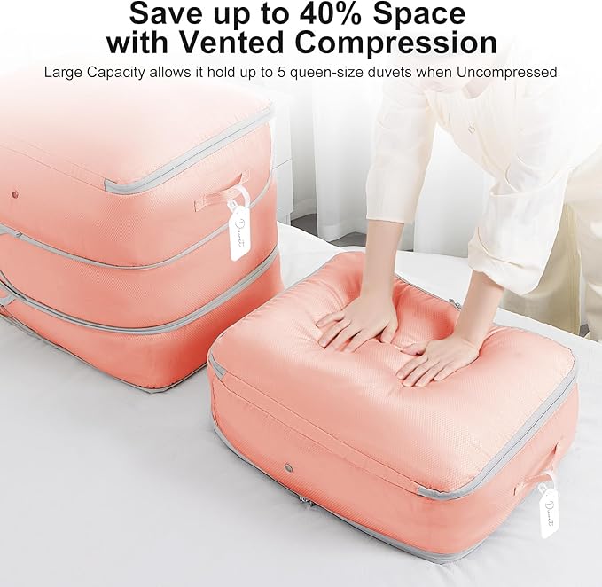 Comforter Storage Bag - Large Capacity Blanket Storage Bags 3-Layer Ultra Space Saving Self Compression Organizer, Washable Compression Bags for Storage Comforter Blanket, 2-Pack, Pink