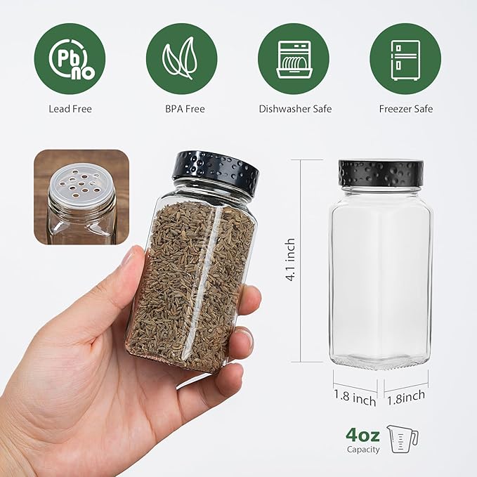 6pcs Black Spice Jars, 4 oz Glass Seasoning Bottles, Spices Container, Empty Spice Jars, Square Spice Bottles with Airtight Plastic Caps with Shaker Lids