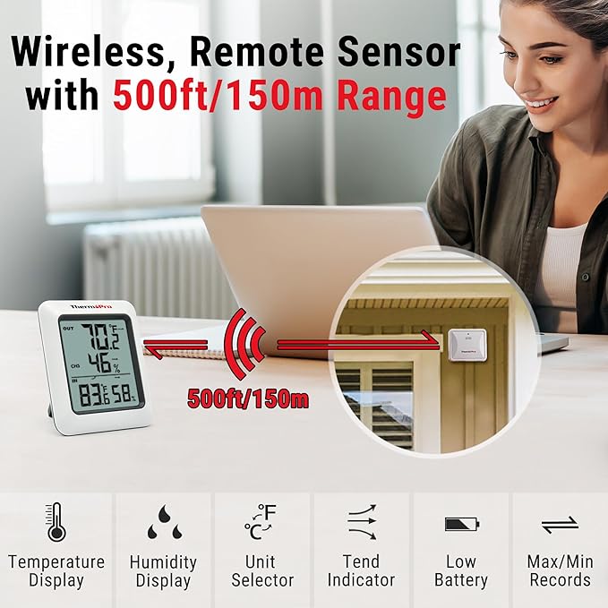 ThermoPro TP60-2 Digital Hygrometer Indoor Outdoor Thermometer Wireless Temperature and Humidity Gauge Monitor Room Thermometer with 500ft/150m Range Humidity Meter