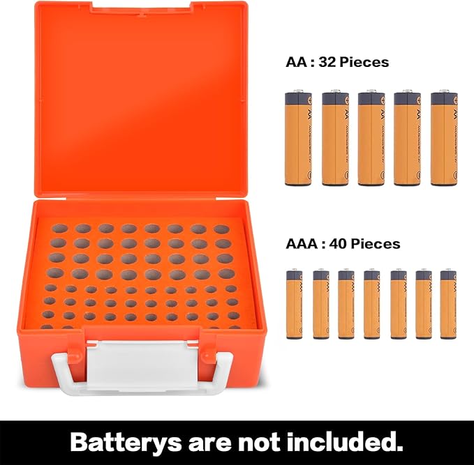 FULLCASE Battery Storage Organizer Holder Holds 72 AA AAA Batteries, Box Cases Garage Container, Home Drawer Organization Dispenser (Case Only) (Orange)