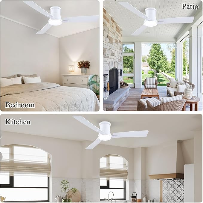 52 Inch Ceiling Fans with Lights,White Modern Flush Mount Ceiling Fans,Low Profile Ceiling Fan for Bedroom,Courtyards,Living Room,3CCT Dimmable,6-Speed Reversible,Noiseless&Quiet Motor,ETL Listed