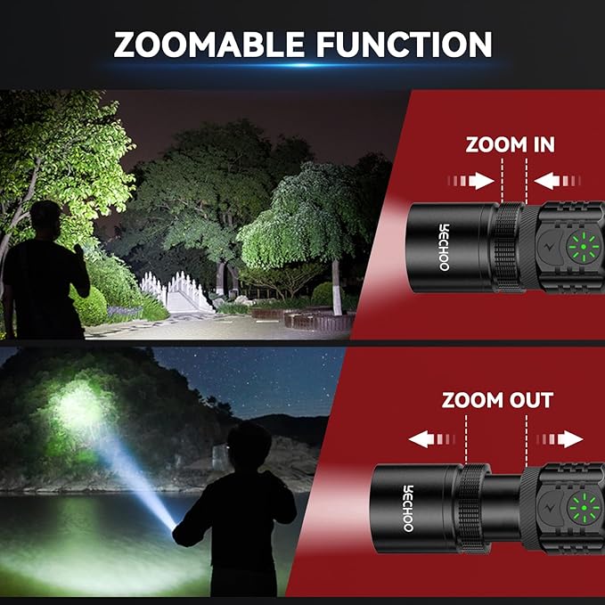 Rechargeable Flashlights 2 Pack, RECHOO High Lumens LED Tactical Flashlight with Double Switch, Small Bright Flash Lights with 5 Modes, Zoomable, IP65 Waterproof for Camping, Hiking, Emergencies