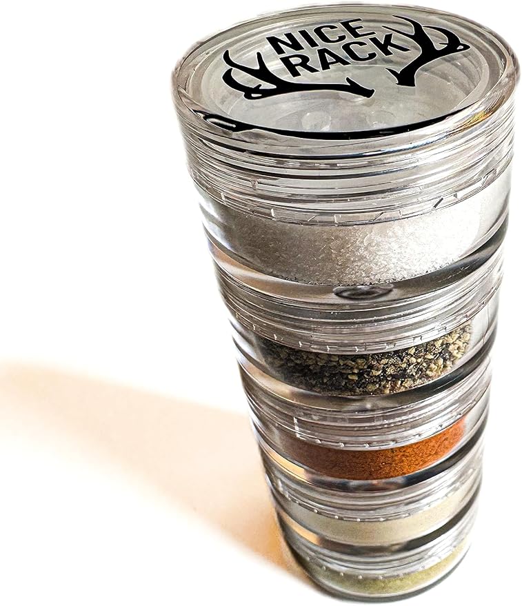 NICE RACK Mini Travel Spice Rack Filled with Organic Herbs, Refillable, Made in USA, Camp Spice Kit - Great Gift, CAMPING, RV, Purse, Backpacking with Shaker Tops 5 Stacking (3 3/8 x 1 3/8")