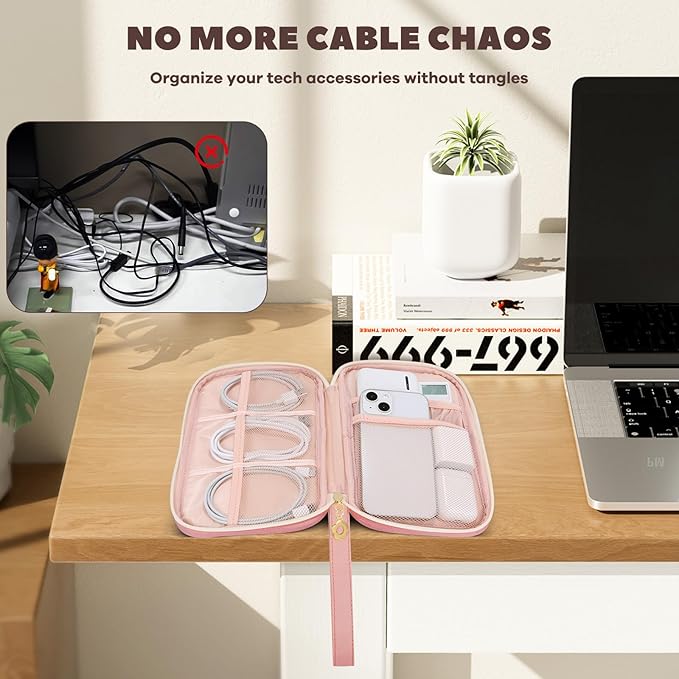 Electronics Organizer Travel Case, Charger Bag Cord Organizer Travel, Compact Tech Pouch Cable Organizer Bag for Charger, Cords, Phone, Headphones, Flash Drive, SD Card (Pink, Small-Single Layer)