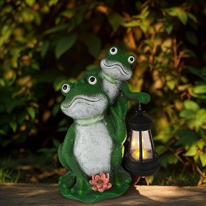 VKX Solar Garden Frog Statues with LED Lantern, Resin Outdoor Statues, Figurine Light,Cute Decoration, Outdoor Decor for Porch Patio, Yard Lawn, Housewarming Gift