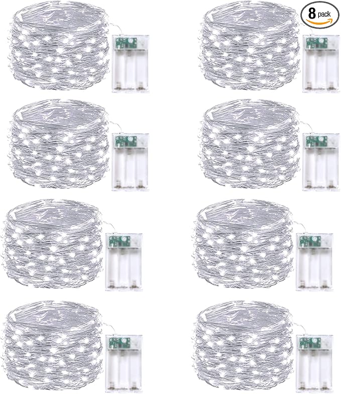 8-Pack Fairy Lights Battery Operated with Remote & Timer & 8 Modes, Waterproof 16 FT 50 LED String Lights Outdoor Indoor, Battery Twinkle Lights for Christmas Bedroom Centerpiece Décor (Cool White)