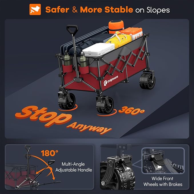 220L Collapsible Wagon Cart Foldable, 460LB Load Capacity Heavy Duty Folding Beach Wagons with Big All-Terrain Wheels, Utility Carts for Groceries, Shopping, Camping, Sports - Grey&Burgundy