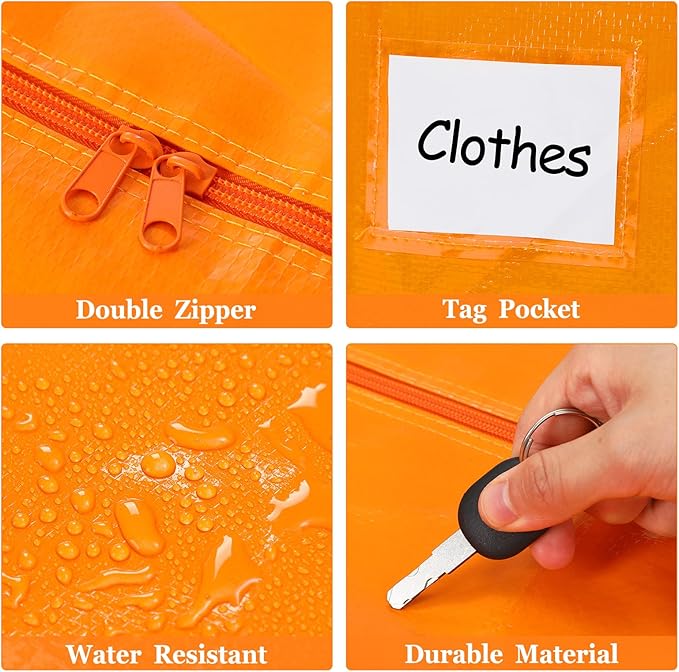 4 Pcs 24 Gallon Large Moving Bags with Zipper and Handles Foldable Storage Duffle Bags Heavy Duty Extra Large Totes for College Dorm Travel Clothes Blankets Bedding Moving (Jelly Orange)