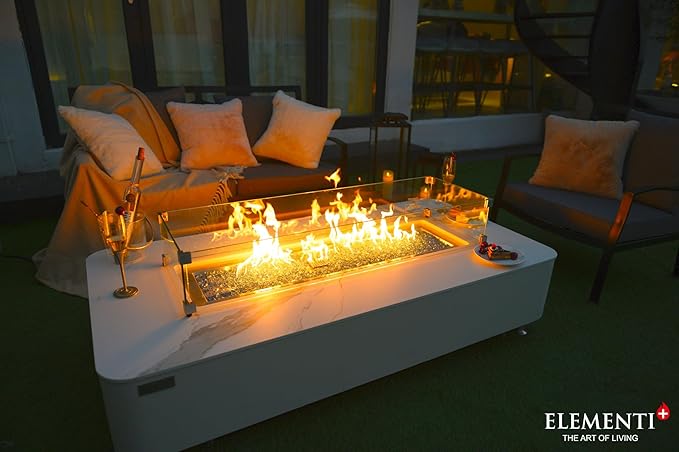 Elementi+ | Bundle Athens Gas Fire Pit | Concrete Body & Marble Porcelain Top | 62" Rectangular Fire Table | Electronic Ignition | Canvas Cover, Fire Glass, Burner Lid & More | White | Propane Gas