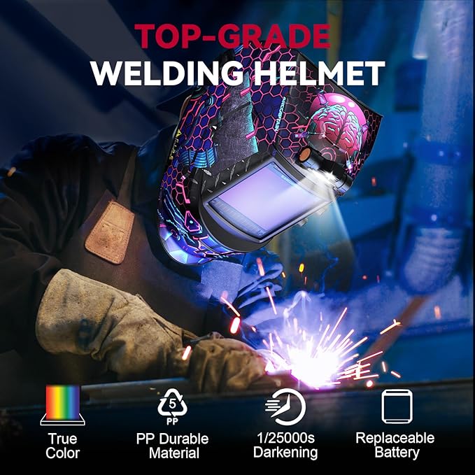 ARCCAPTAIN 3.94" x 3.66" Auto Darkening Welding Helmet, Solar Powered True Color Welding Hood, 1/1/1/1 Top Optical Clarity Welder Helmet, 4 Arc Sensor Wide Shade 4/5-9/9-13 for Stick MIG TIG Cut