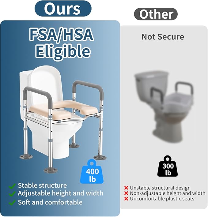 Adjustable Toilet Seat Risers for Seniors-Heavy Duty 400lb Raised Toilet Seat with Handles & Padded Arms-Fits Elongated & Standard Toilets
