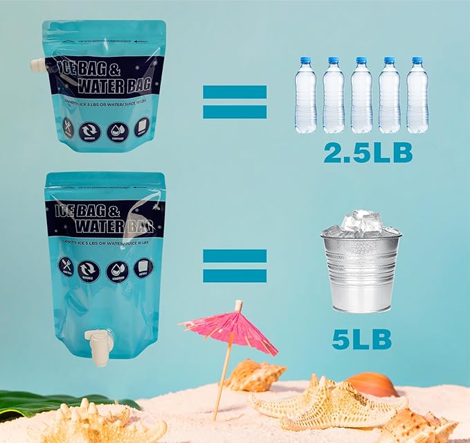 Ice Bags for Cooler, Reusable Ice Cube Bag with Sealed Sliding Handle, Long Lasting Cold Dry Freezer Packs, 5lb & 2.5lb Leakproof Water Bag for Camping Hiking Fishing & Drinks(1 Large & 1 Medium)