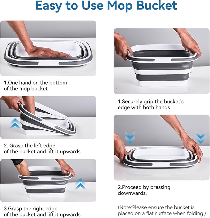 2.9 Gal(11 L) Collapsible Mop Bucket with Handle – Square Silicone Cleaning Bucket for Mopping, Car & Window Washing – Space-Saving Storage Organizer, Durable Plastic Bucket – Pair of Silicone Gloves