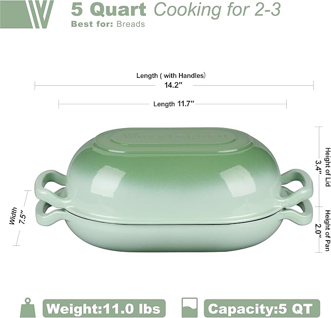Enameled Cast Iron Sourdough Bread Oven, Dutch Oven, Loaf Cast Iron Bread Pan for Homemade Bread Baking, Meatloaf Pan with Lid, 5QT, Green