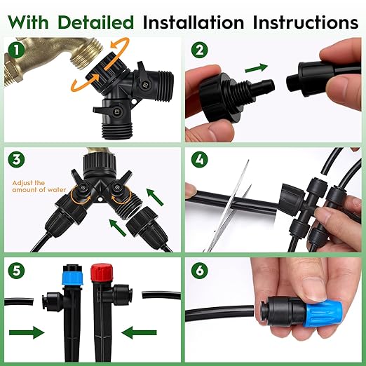 200 FT Quick-Connect Drip Irrigation System Kit, Automatic Garden Watering Misting System for Greenhouse, Lawn, Flower Bed with Irrigation Tubing, Hose Splitter 2 Way, Adjustable Drip Emitters