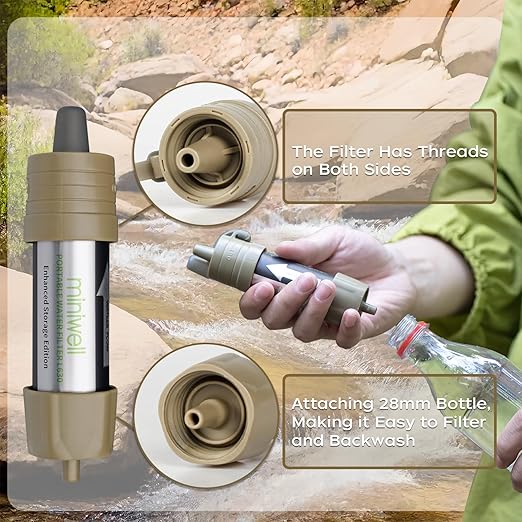 Miniwell L630 Portable Water Filter with Upgraded Vacuum Packaging - 25 Year Storage, Long Lasting and Versatile Usage Options, 2 Pack Filter and 1L Bottles