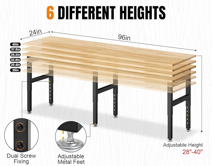 96”Adjustable Work Bench, 5000 LBS Capacity Heavy Duty Workbench with Power Outlet & Pegboard, Rubber Wood Work Table for Garage, Workshop, Office, Home