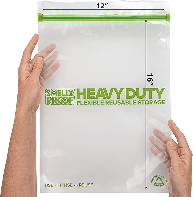 Smelly Proof REUSABLE STORAGE BAGS, Extra Large HEAVY DUTY 5-mils US-Made, BPA FREE, NO PEVA, Dishwasher-Safe Ziplock Reusable Freezer Bags Triple Zip CLEAR FLAT XXL 2-Gallon 12" x 16" - 5pk