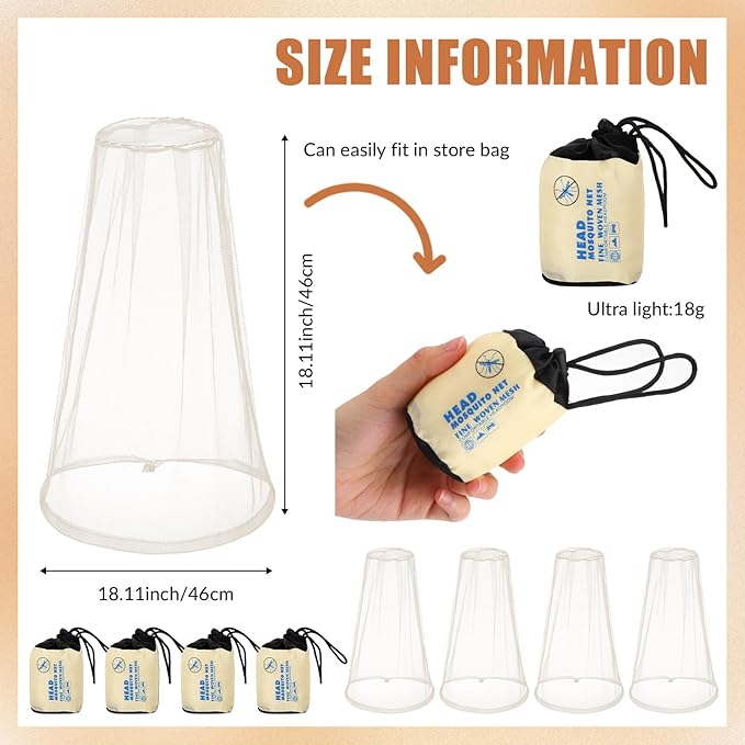 HESTYA 4 Pack Mosquito Head Net Face Mesh Protecting Net for Outdoor Hiking Camping Climbing Mosquito Fly Insects Preventing(Beige)
