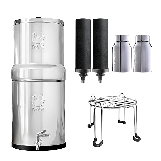 1.5 Gallons NSF Certified AISI 304 Stainless Steel Water Filter with 2 Smart Carbon (Black) Filters, 2 POSTreat Steel Fluoride Removal Elements, Free Steel Stand & Water Spigot