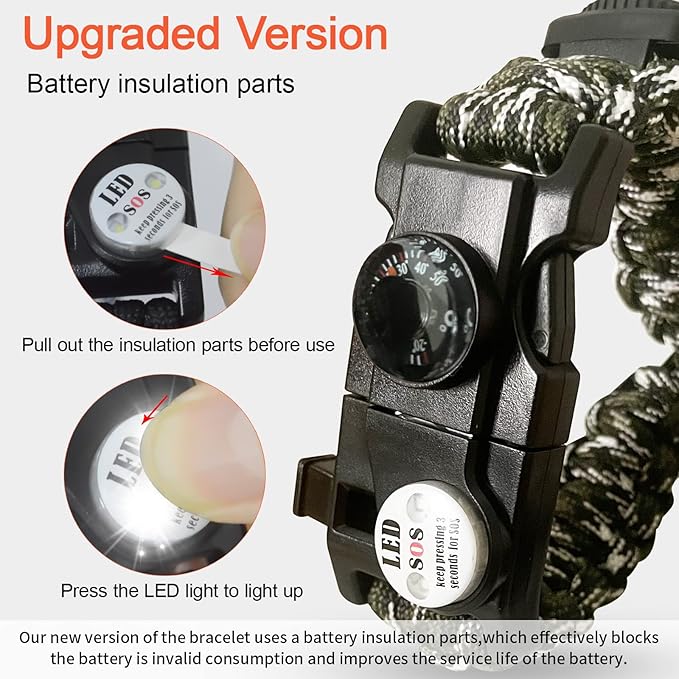 20 in 1 Survival Paracord Bracelet Adjustable Gear Kit with SOS LED Light, Fire Starter, Bigger Compass, Survival Whistle, Perfect for Camping, Hiking, Fishing